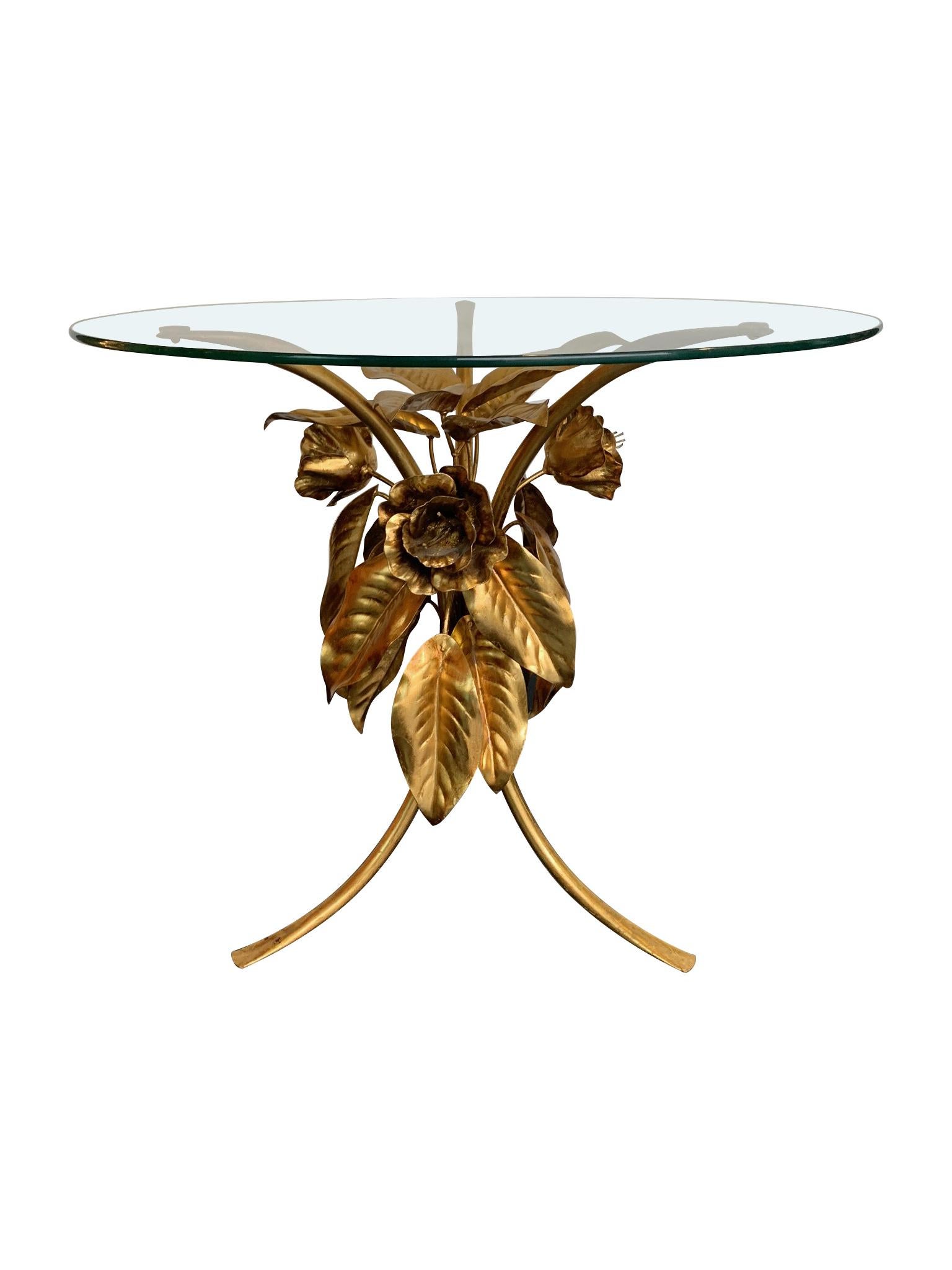 Pair of 1960s French Gilt Metal Side Tables with Flowers and Leaf Bases 4