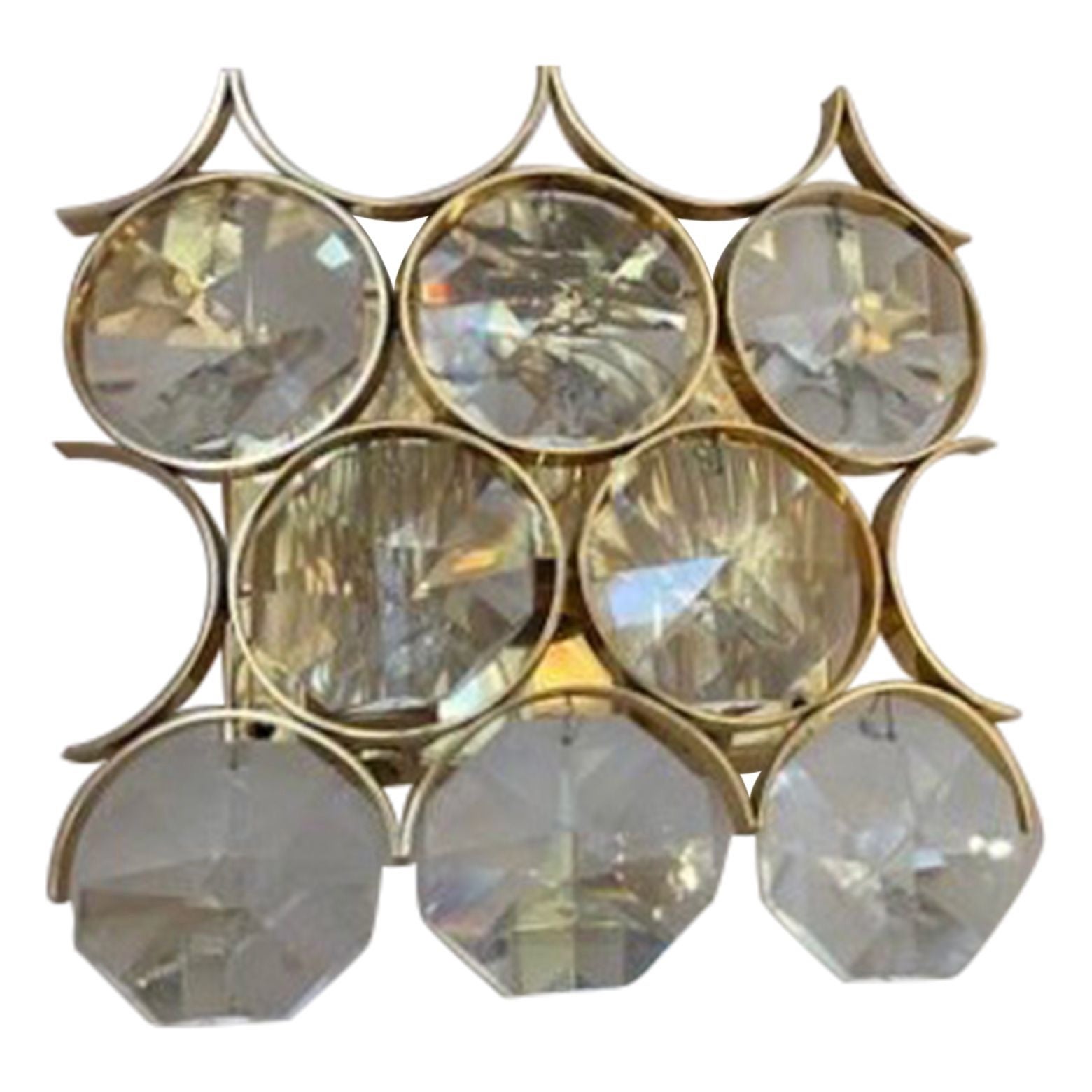 A pair of 1960s Gilt Brass and Diamond Shaped Glass Sconces by Palwa. 
One single wall light also available, please enquire
