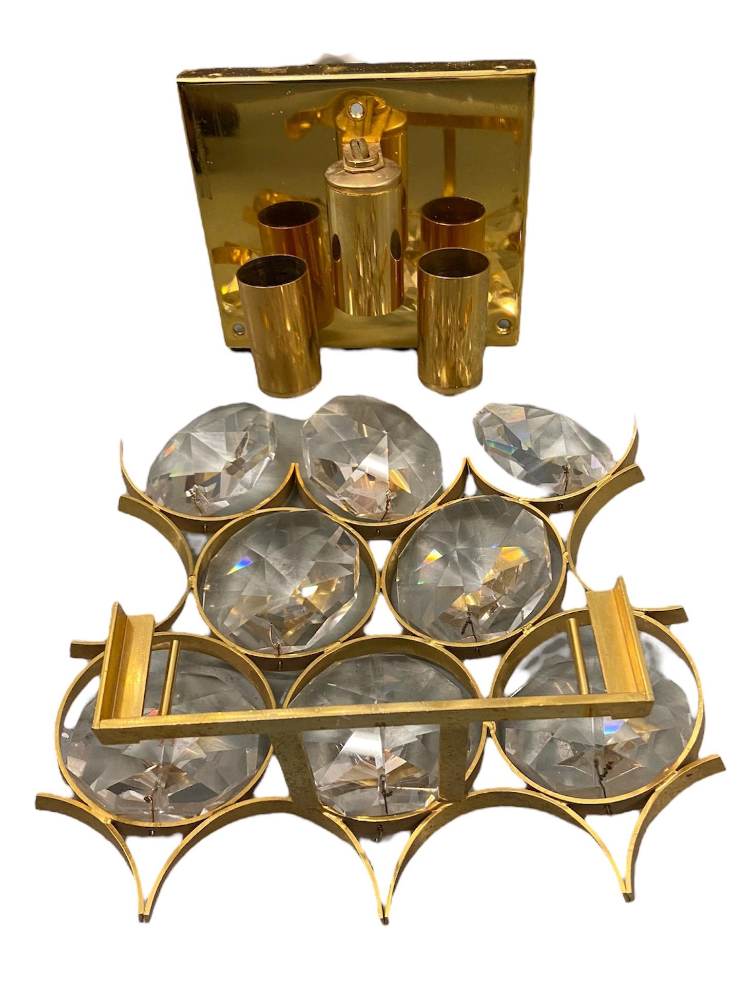 German A pair of 1960s Gilt Brass and Diamond Shaped Glass Sconces by Palwa For Sale