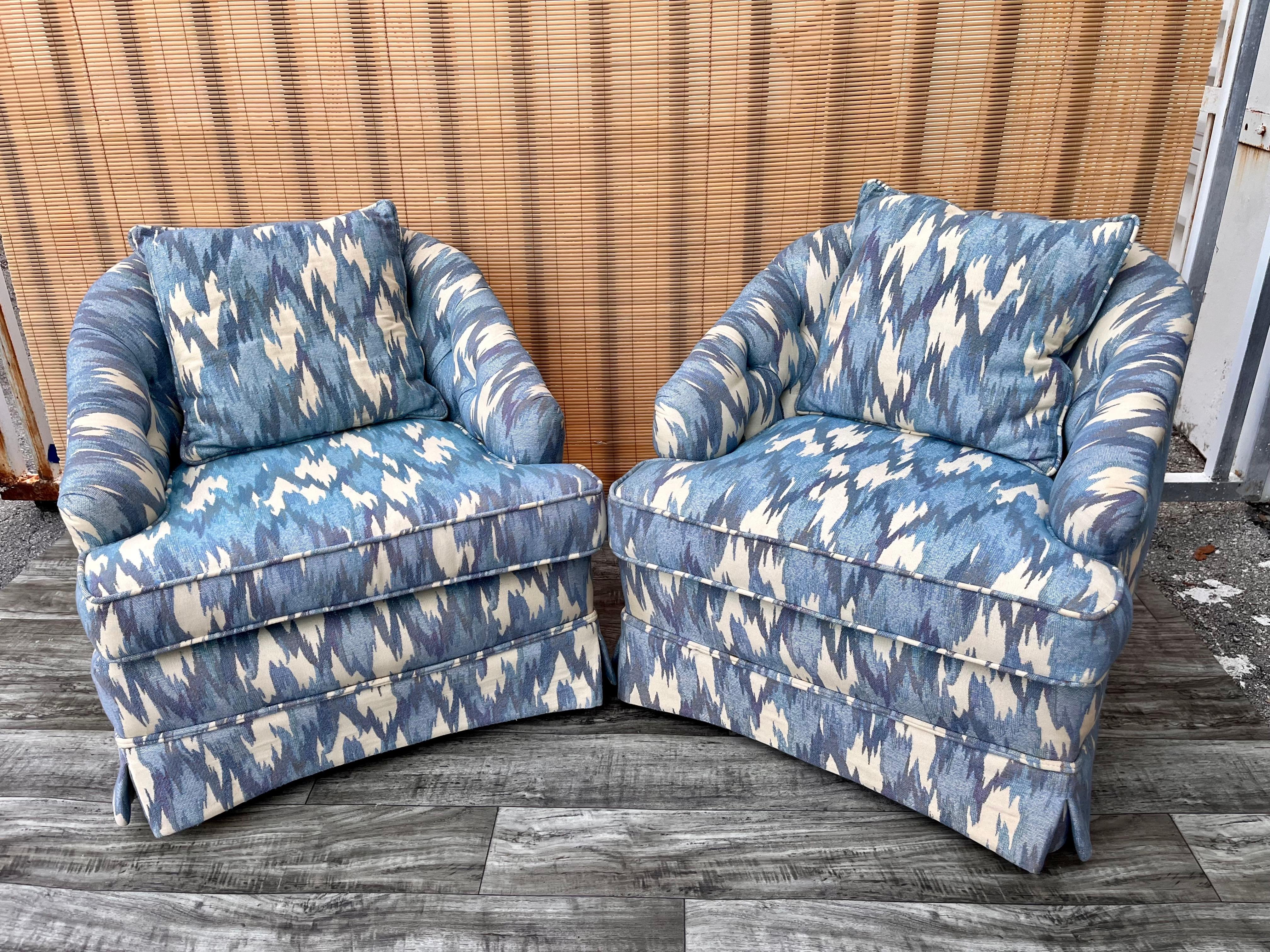 Mid-20th Century Pair of 1960s Hollywood Regency Upholstered Lounge Chairs with Casters For Sale