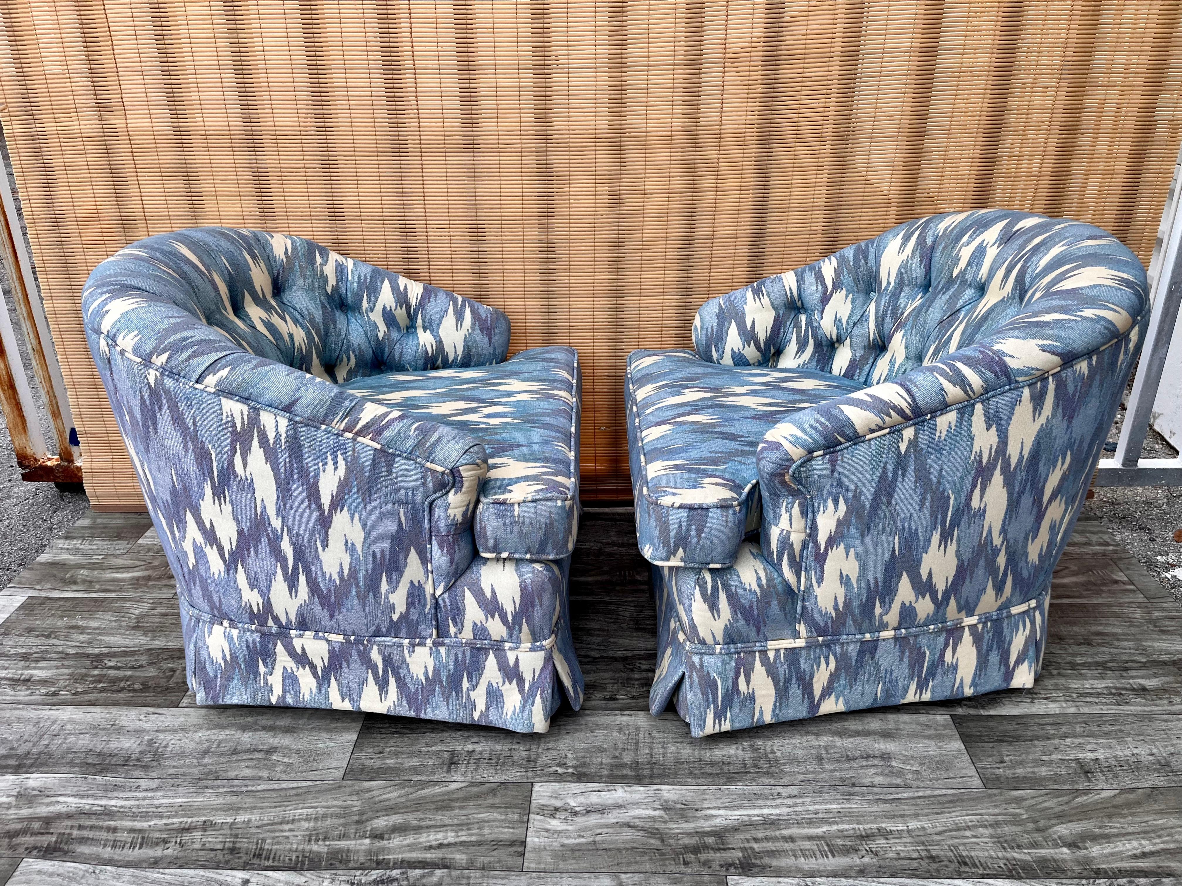 Pair of 1960s Hollywood Regency Upholstered Lounge Chairs with Casters For Sale 1