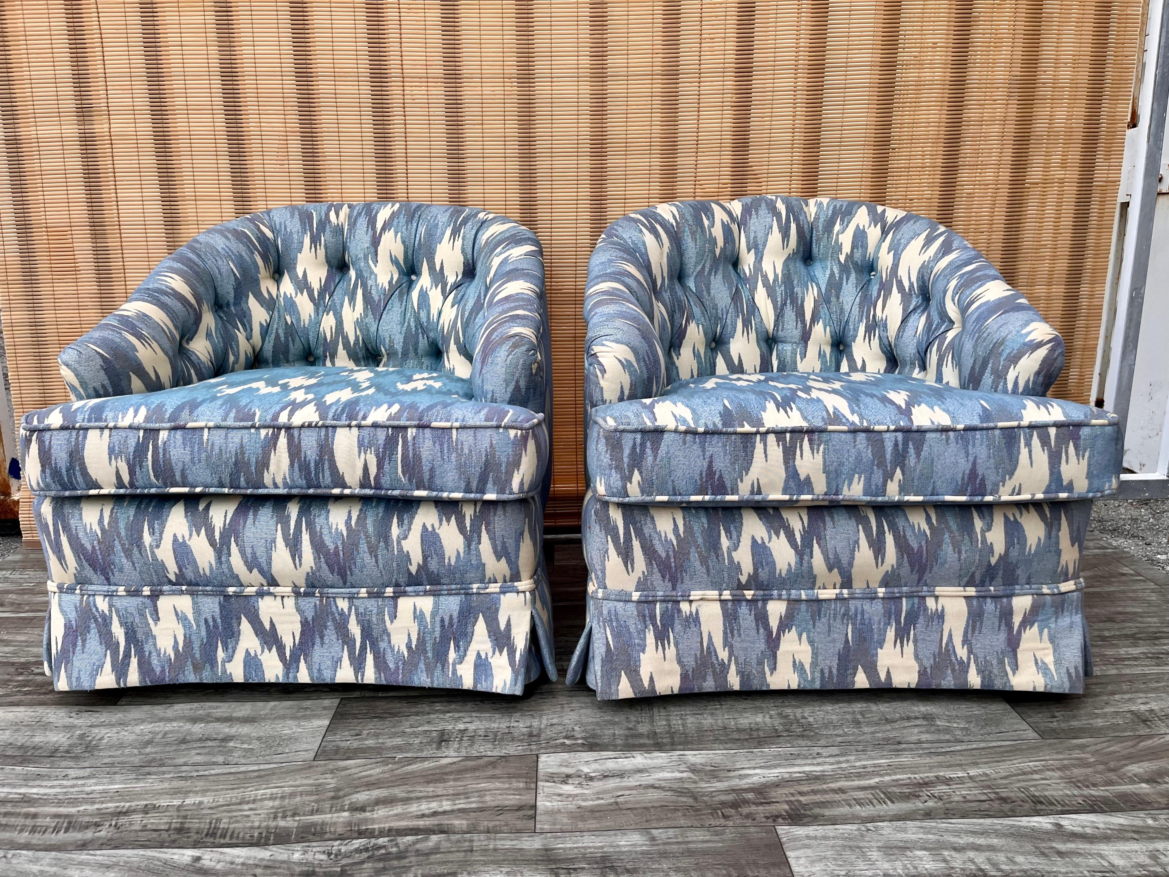 Pair of 1960s Hollywood Regency Upholstered Lounge Chairs with Casters For Sale 2