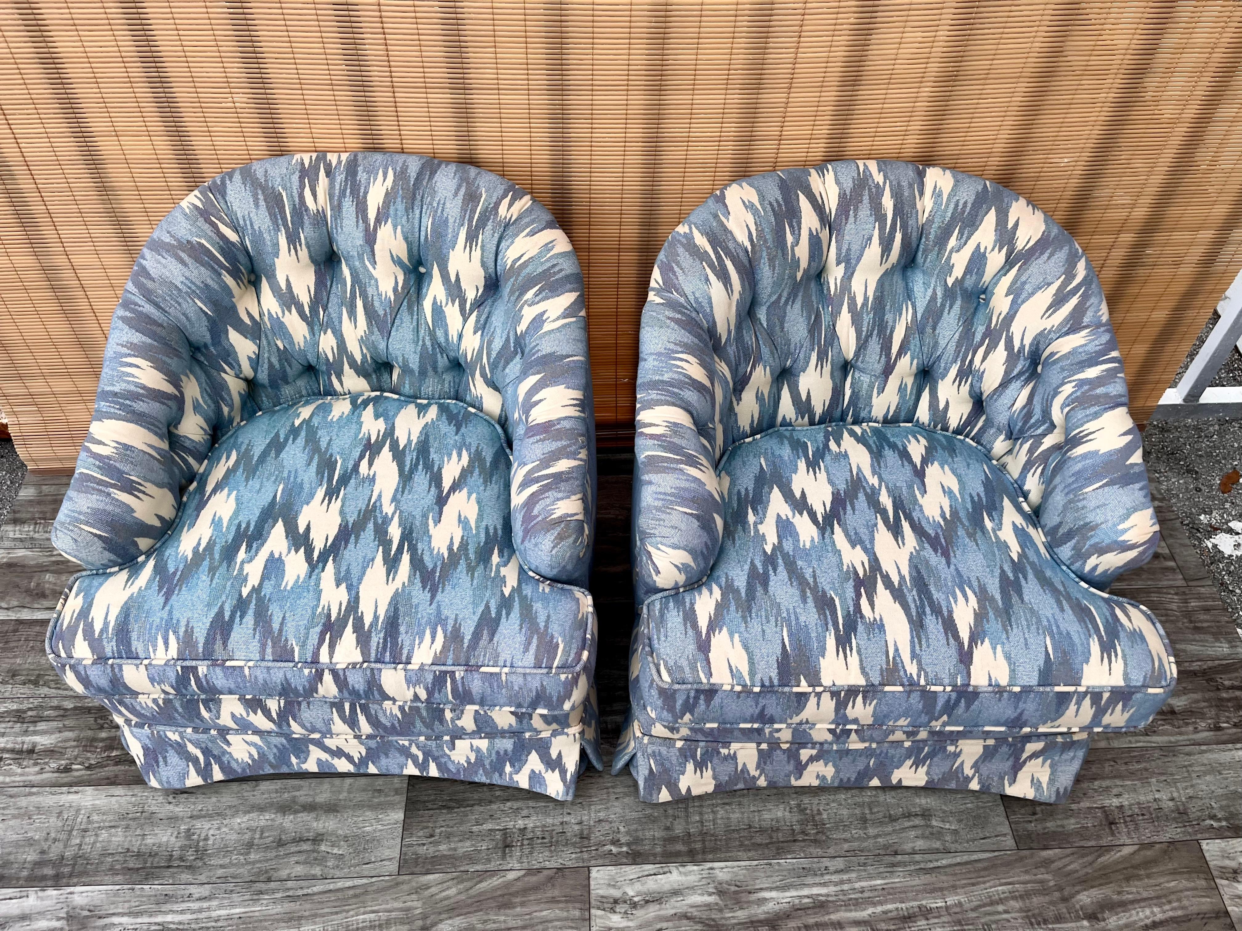 Pair of 1960s Hollywood Regency Upholstered Lounge Chairs with Casters For Sale 3