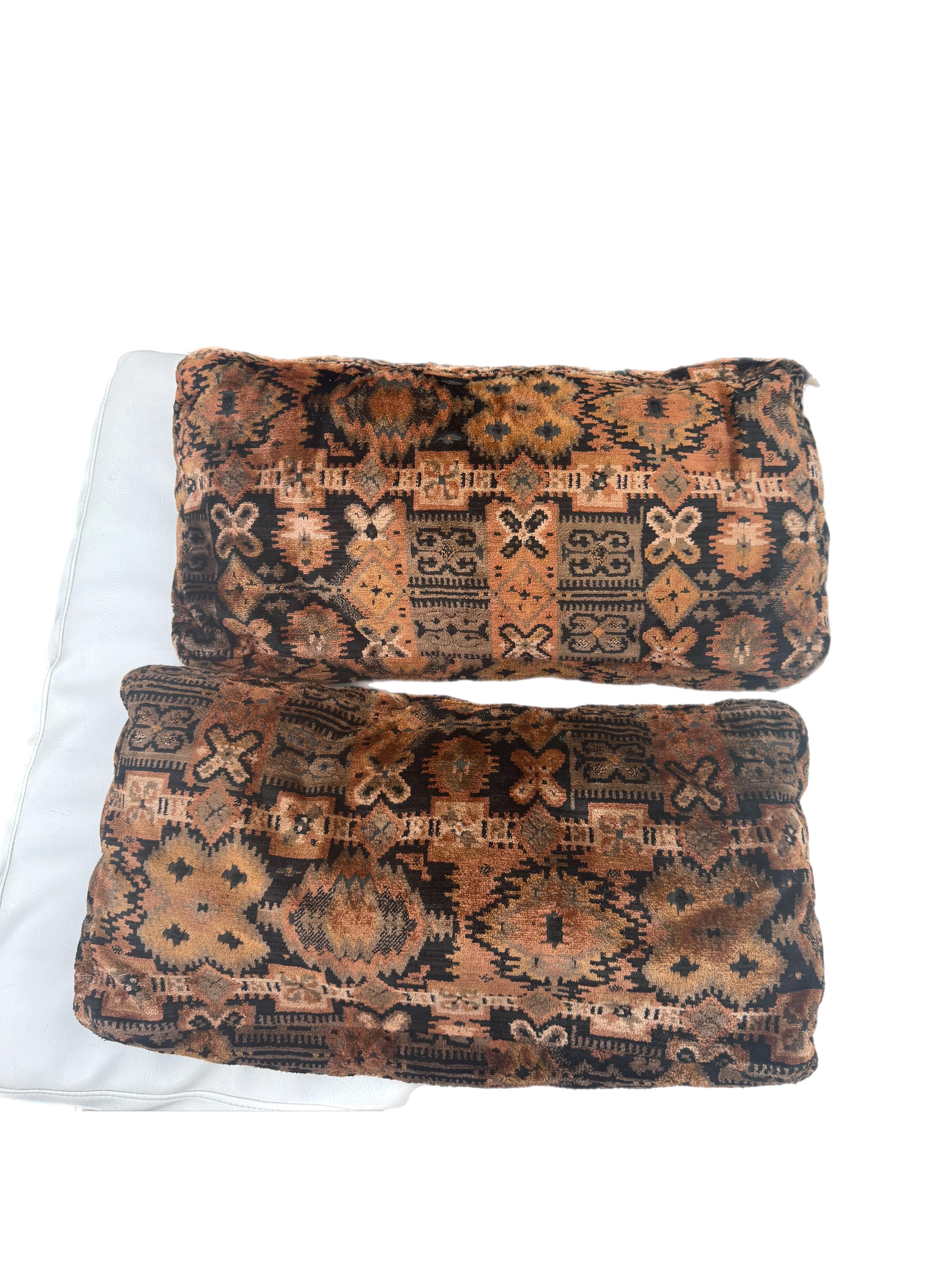 original Jack Lenor Larsen polychrome velvet upholstery with a bold repeating geometric motif.   I’ve heard the name “tapestry” used for this particular pattern.  Definitely a collectors set of pillows.