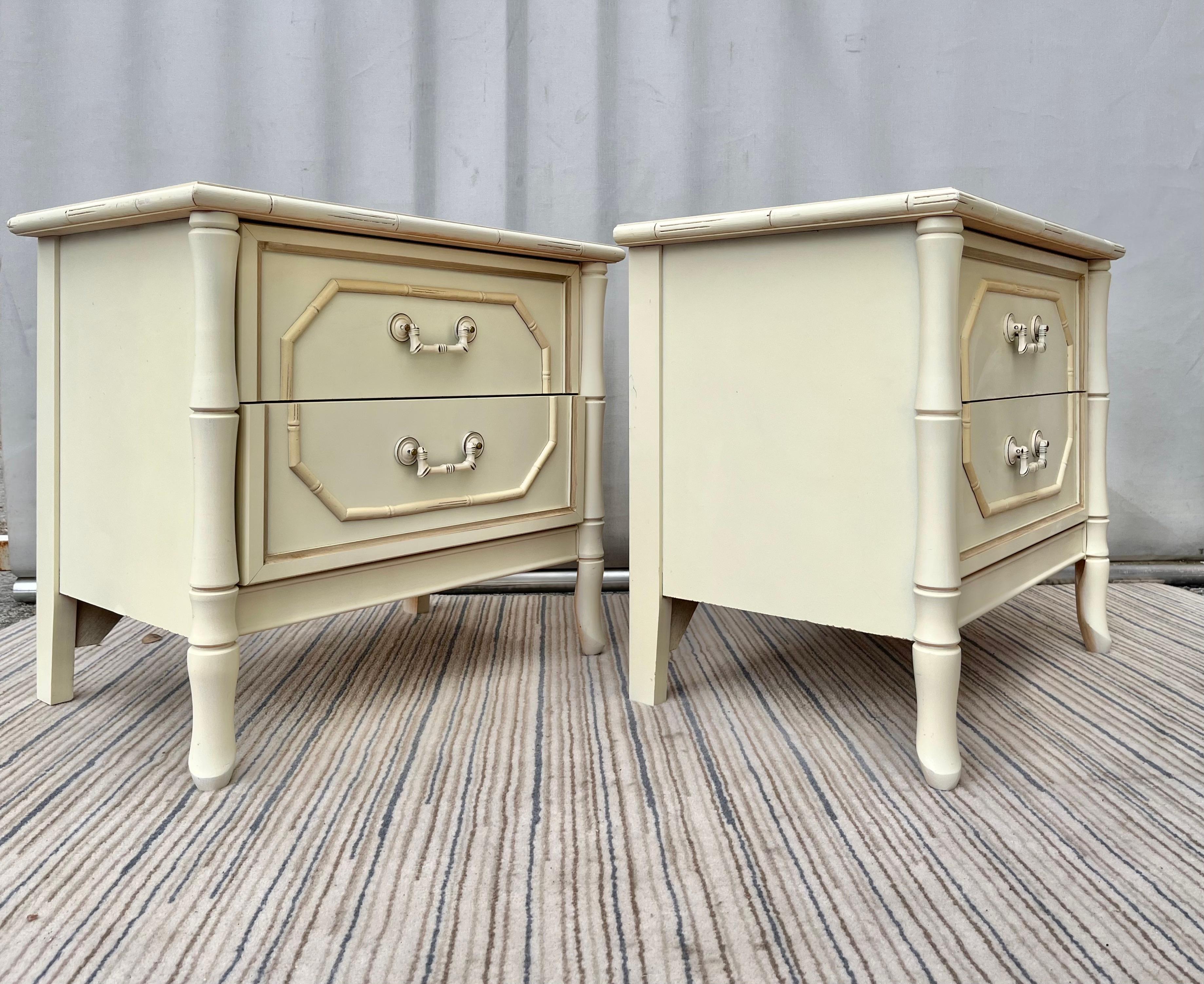 Laminated Pair of 1960s Mid Century Hollywood Regency Broyhill Faux Bamboo Nightstands