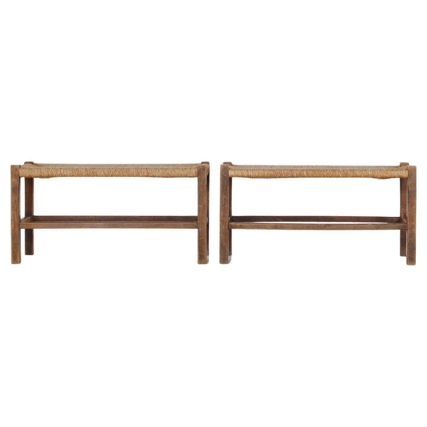 Coppia di panche in Oak del 1960 con sedili in giunco tradizionali