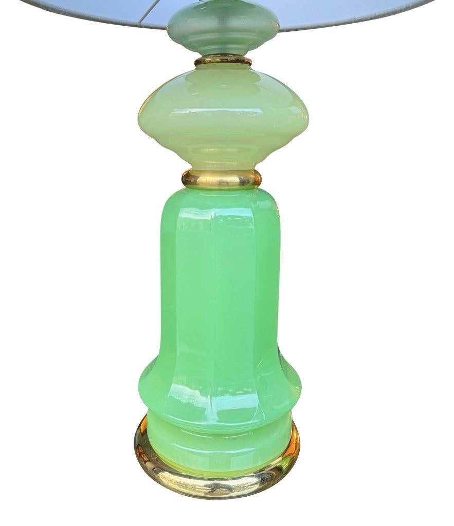 A pair of 1960s Murano glass green opaline lamps with brass base and fittings 4