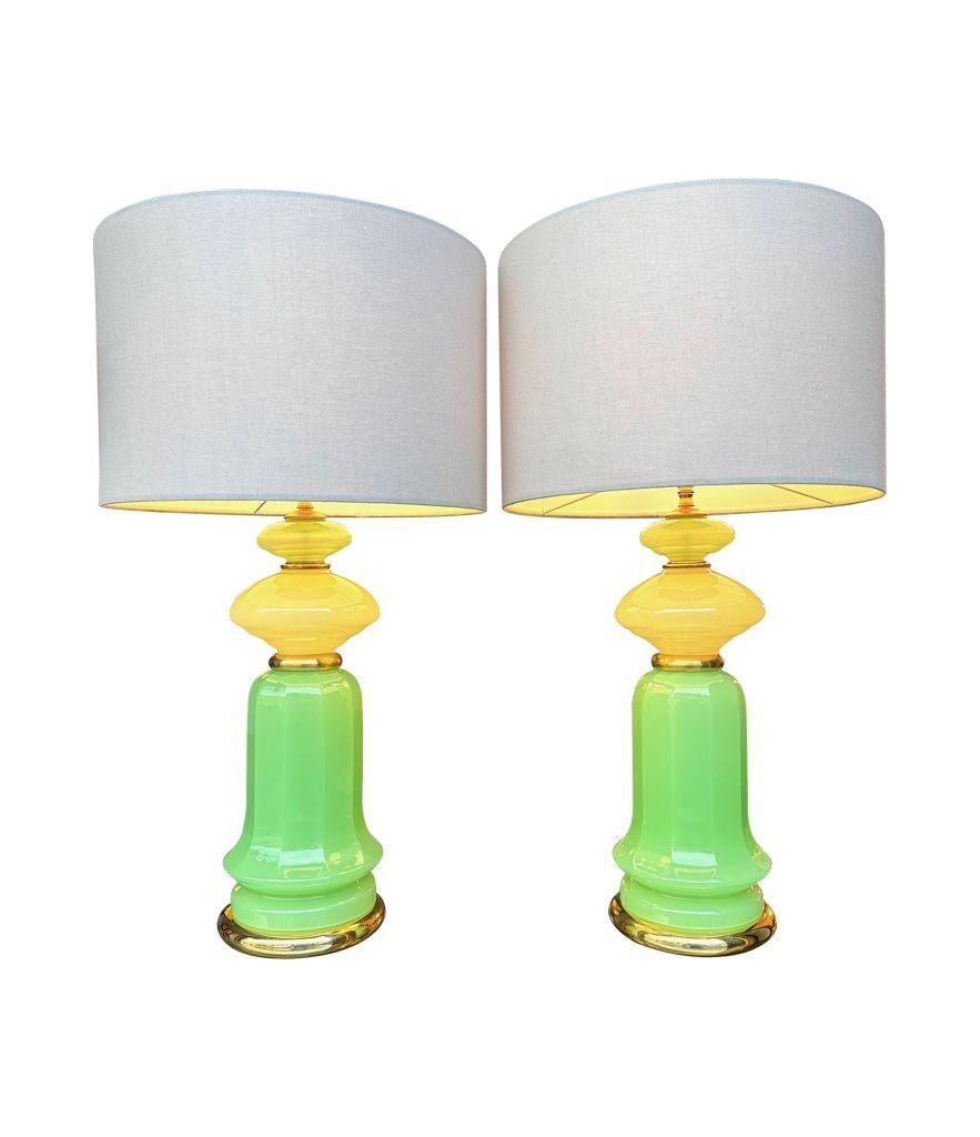 A pair of 1960s Murano glass green opaline lamps with brass base and fittings 5