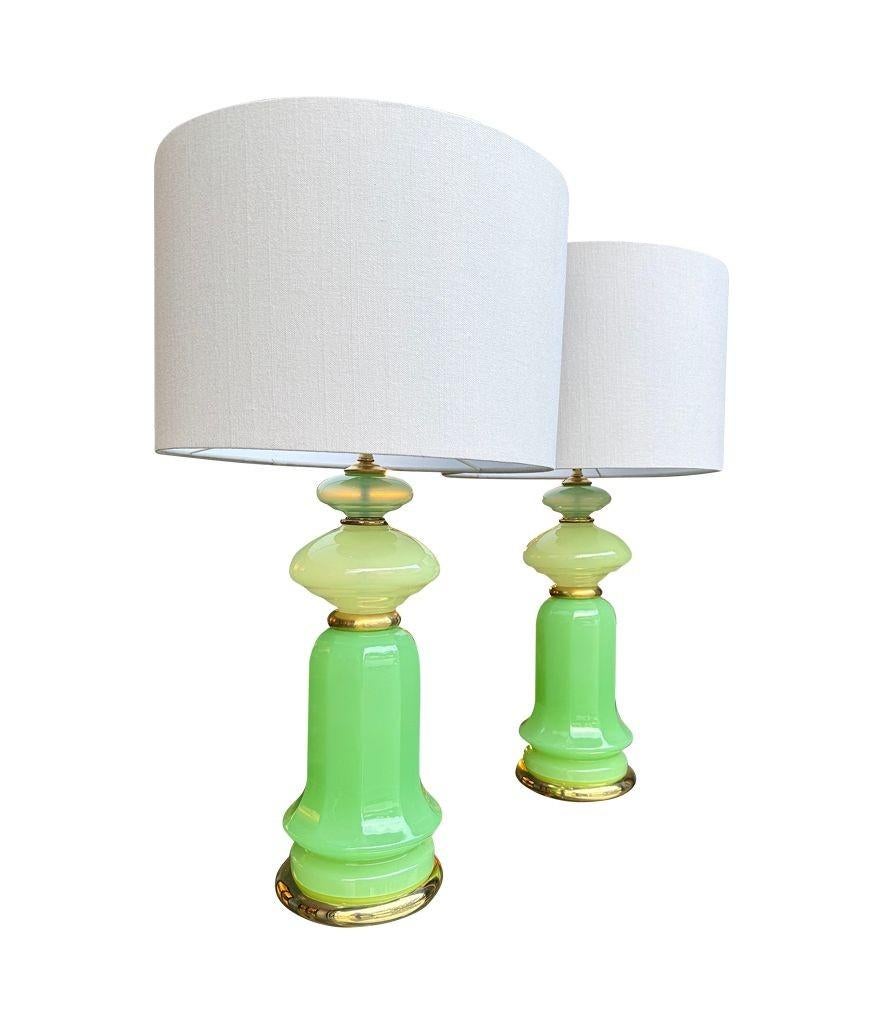 A pair of 1960s Murano glass green opaline lamps with brass base and fittings 6