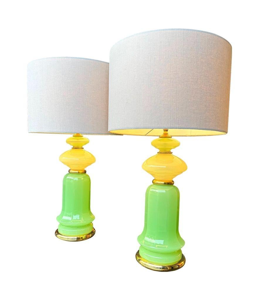 A pair of 1960s Murano glass green opaline lamps with brass base and fittings 7