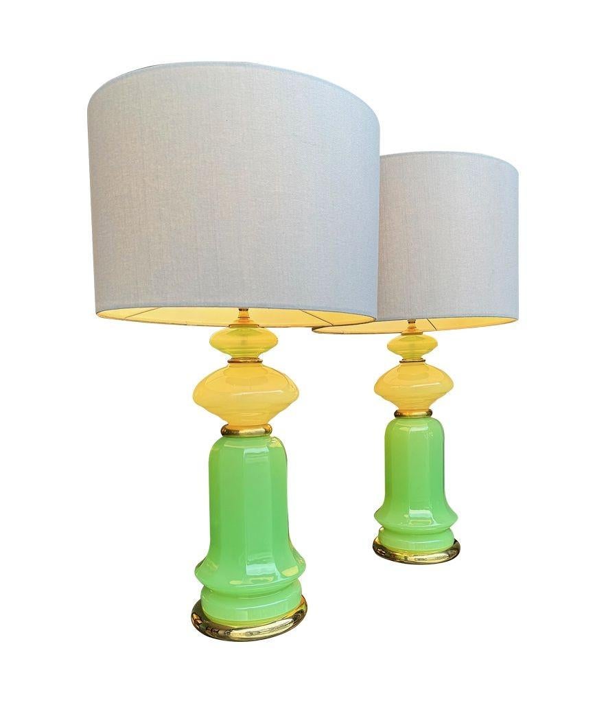 A pair of 1960s Murano glass green opaline lamps with brass base and fittings 8