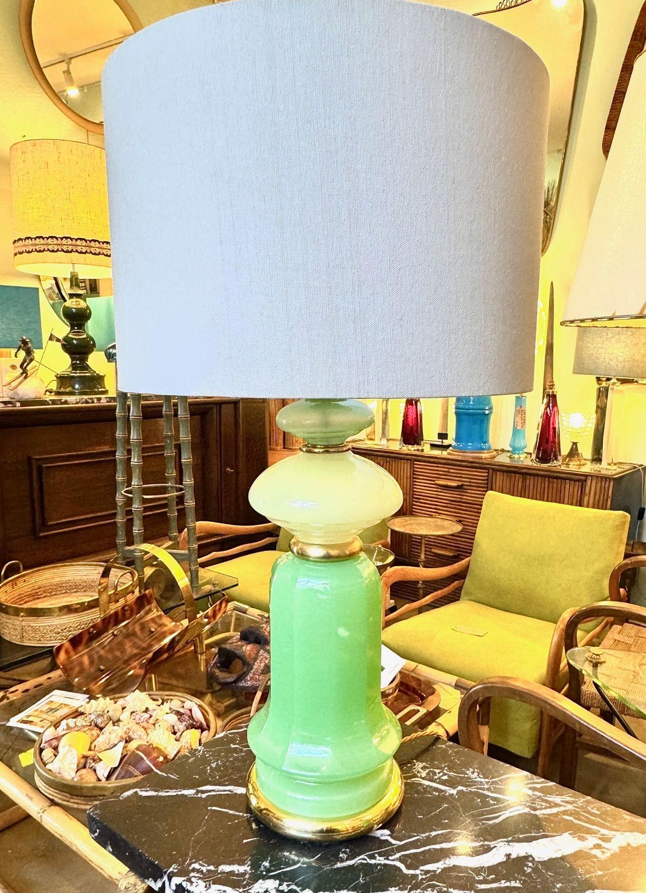 A pair of 1960s Murano glass green opaline lamps with brass base and fittings 9