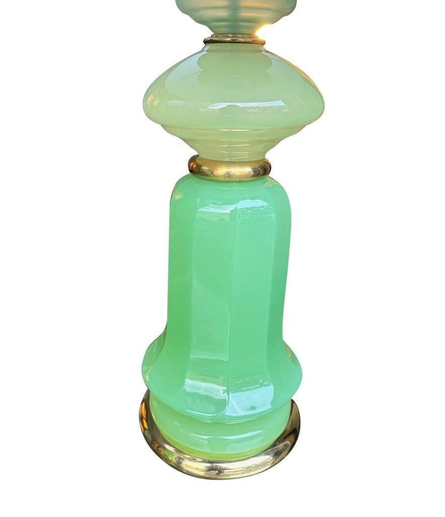 Mid-Century Modern A pair of 1960s Murano glass green opaline lamps with brass base and fittings