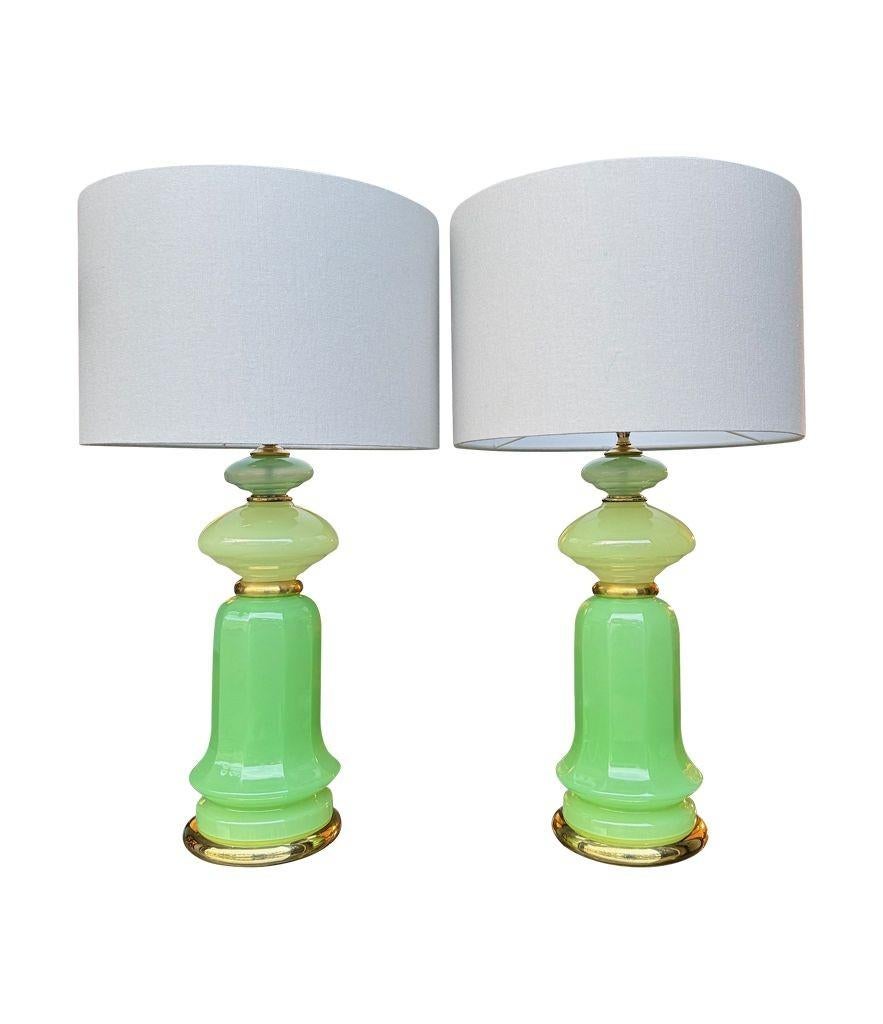 Mid-20th Century A pair of 1960s Murano glass green opaline lamps with brass base and fittings