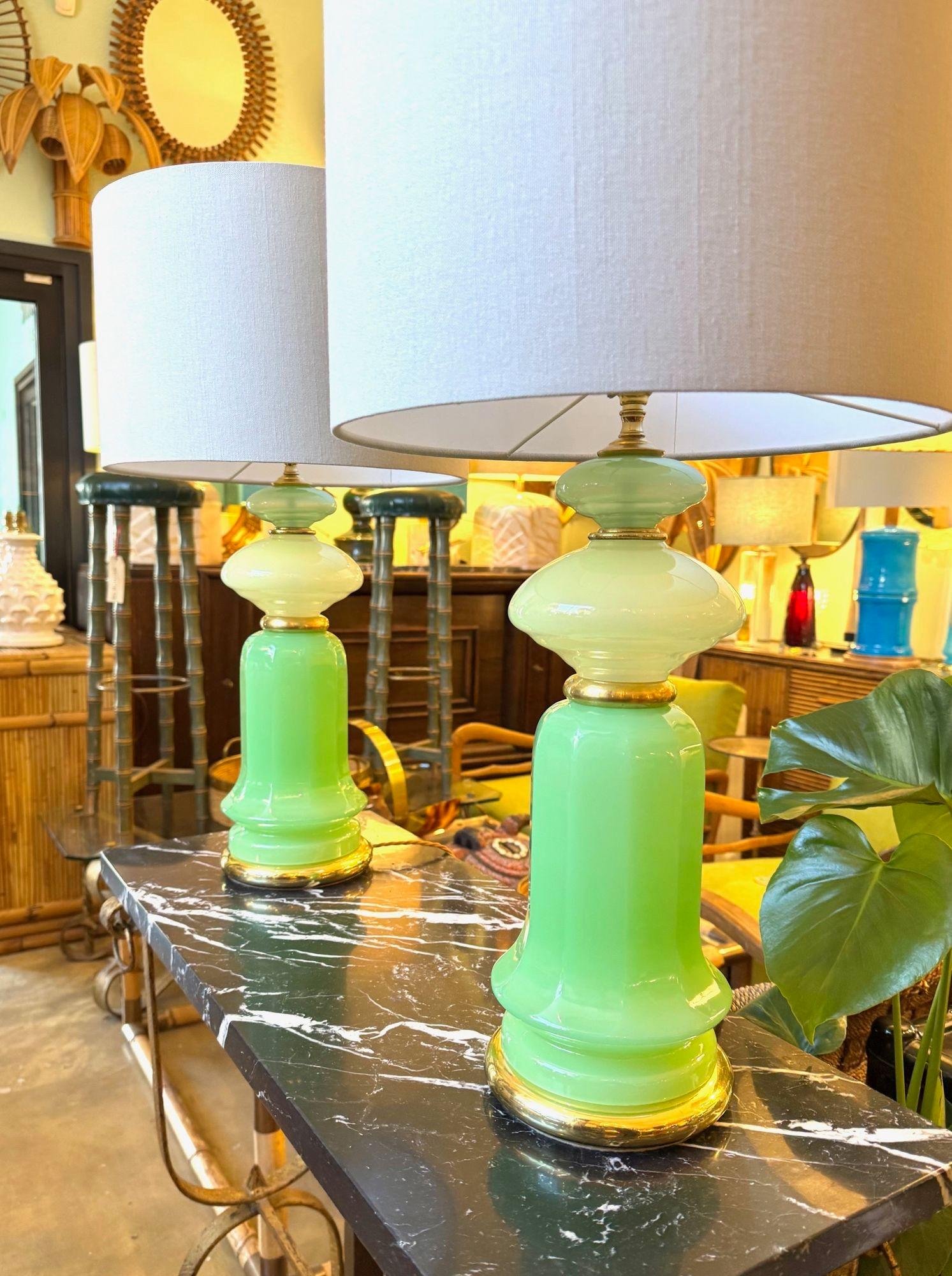 Brass A pair of 1960s Murano glass green opaline lamps with brass base and fittings