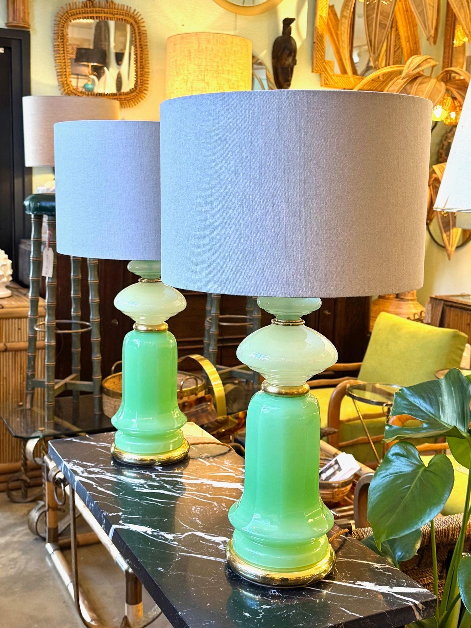 A pair of 1960s Murano glass green opaline lamps with brass base and fittings 2