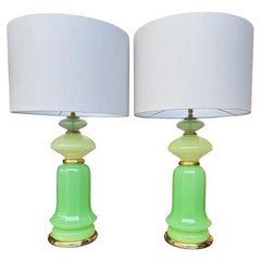 Vintage A pair of 1960s Murano glass green opaline lamps with brass base and fittings