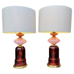 A pair of 1960s Murano opaline glass and brass lamps by Cenedese