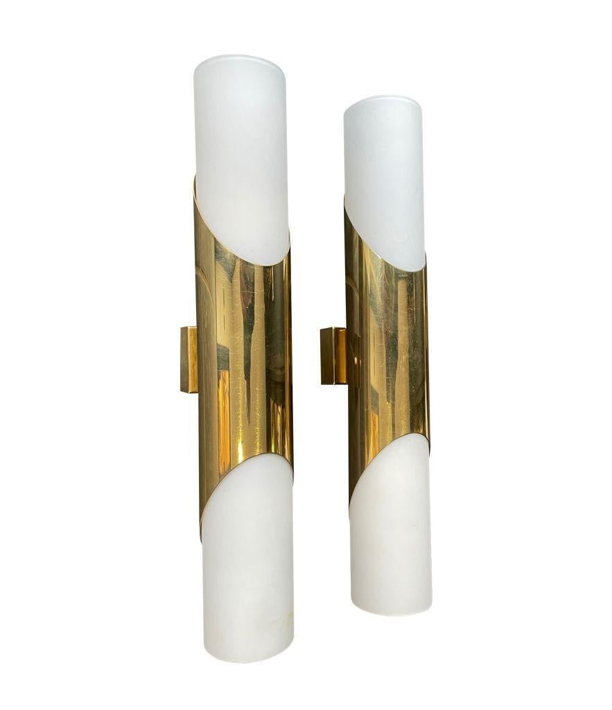 A pair of 1960s Neuhaus Leuchten white oplaine and brass wall sconces For Sale 3