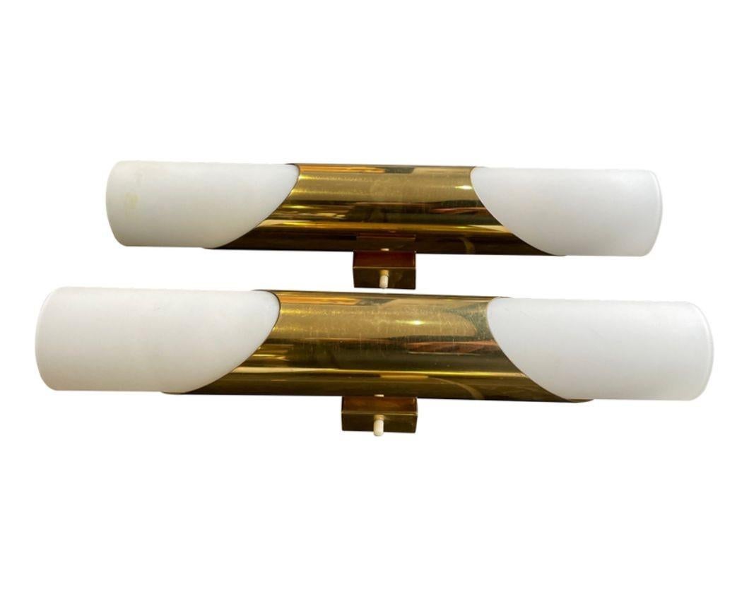 A pair of 1960s Neuhaus Leuchten white oplaine and brass wall sconces For Sale 5