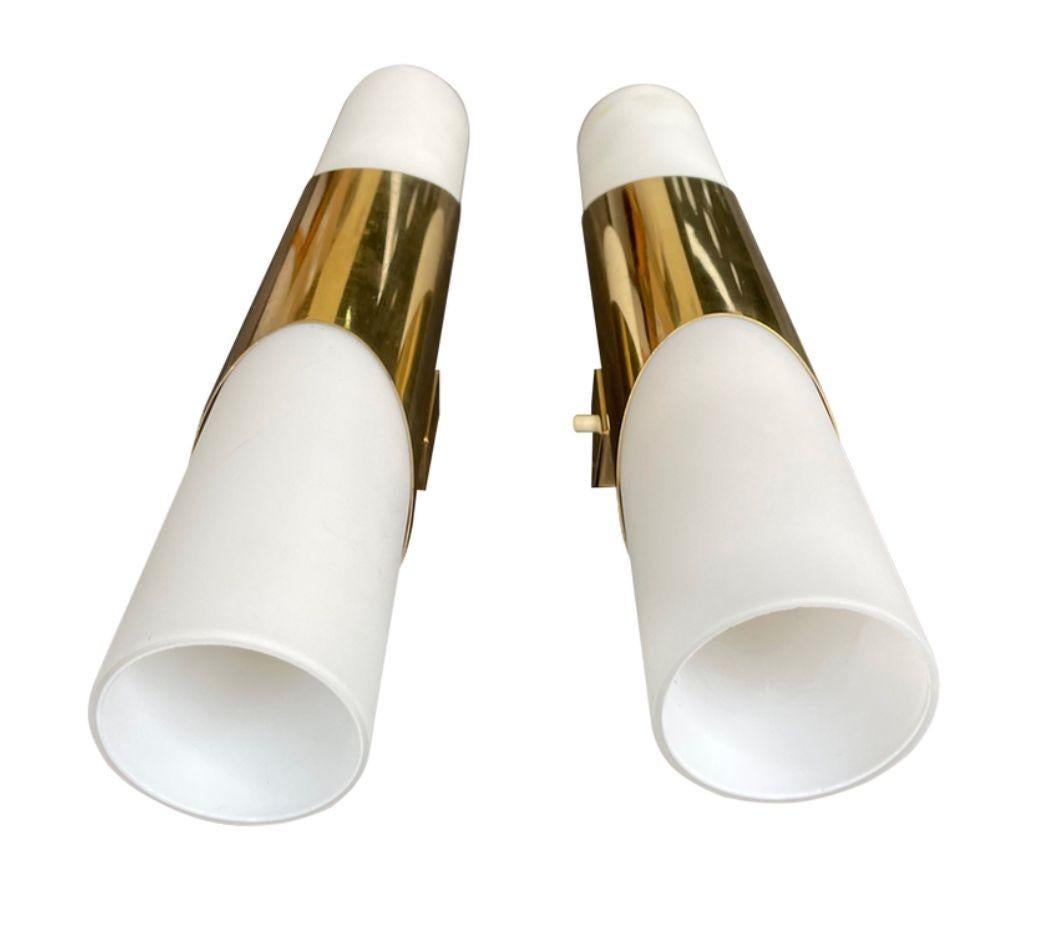 A pair of 1960s Neuhaus Leuchten white oplaine and brass wall sconces For Sale 6