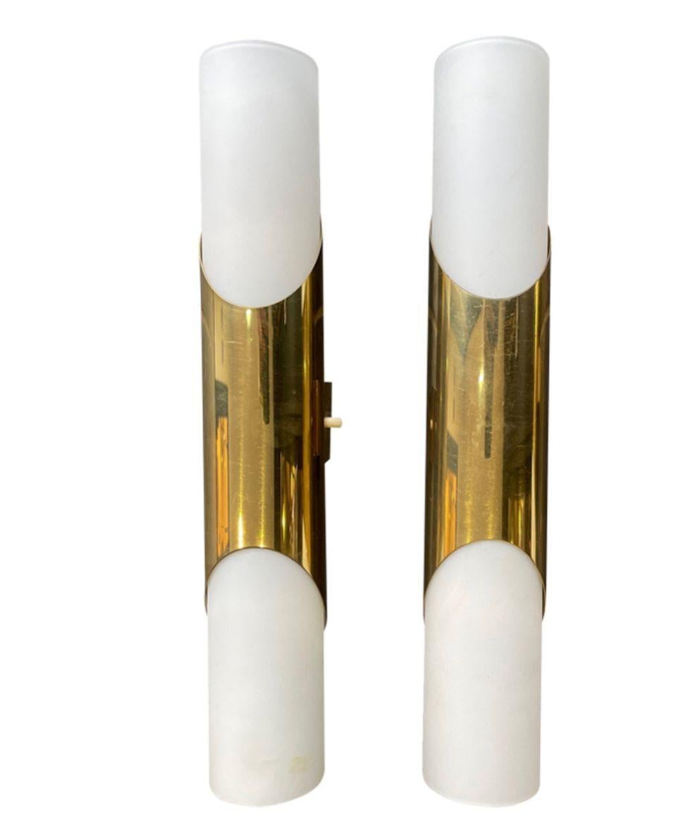 A pair of 1960s Neuhaus Leuchten white oplaine and brass wall sconces For Sale 7