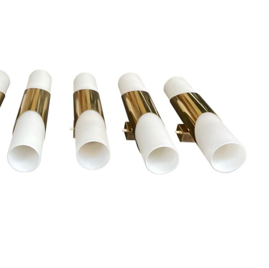 A pair of 1960s Neuhaus Leuchten white oplaine and brass wall sconces For Sale 8
