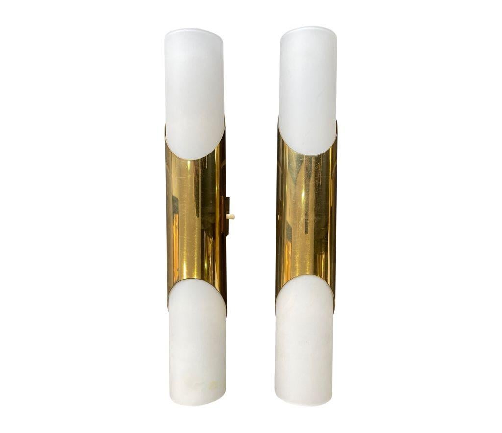 Mid-Century Modern A pair of 1960s Neuhaus Leuchten white oplaine and brass wall sconces For Sale