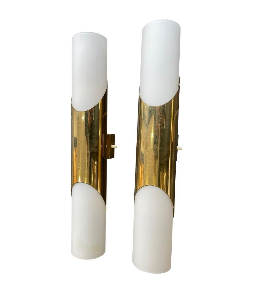A pair of 1960s Neuhaus Leuchten white oplaine and brass wall sconces For Sale 2