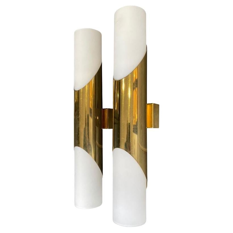 A pair of 1960s Neuhaus Leuchten white oplaine and brass wall sconces For Sale