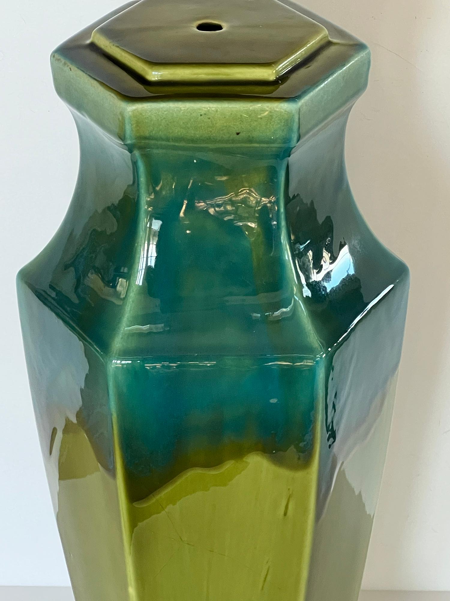 American A Pair of 1960s Olive and Teal Drip Glaze Hexagonal Lamps For Sale