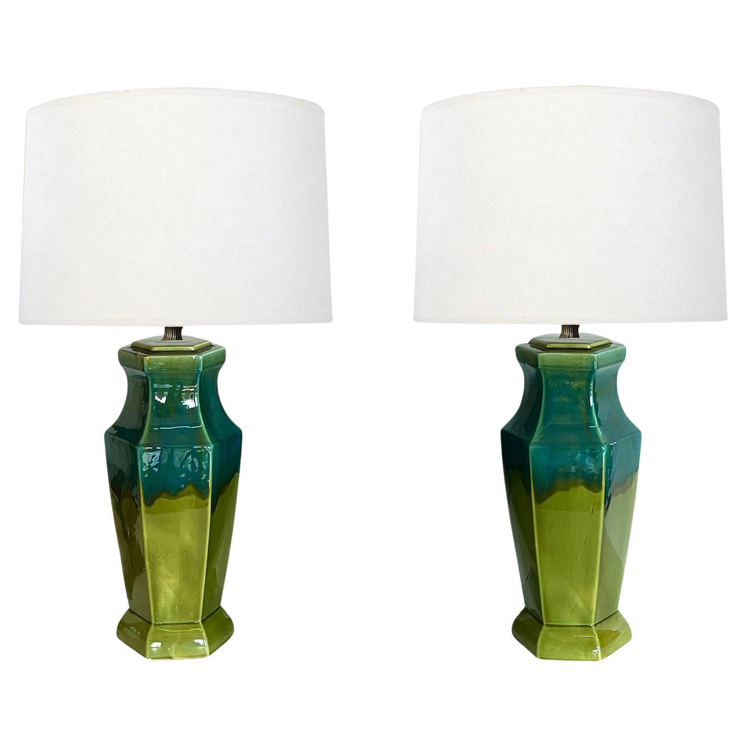 A Pair of 1960s Olive and Teal Drip Glaze Hexagonal Lamps For Sale