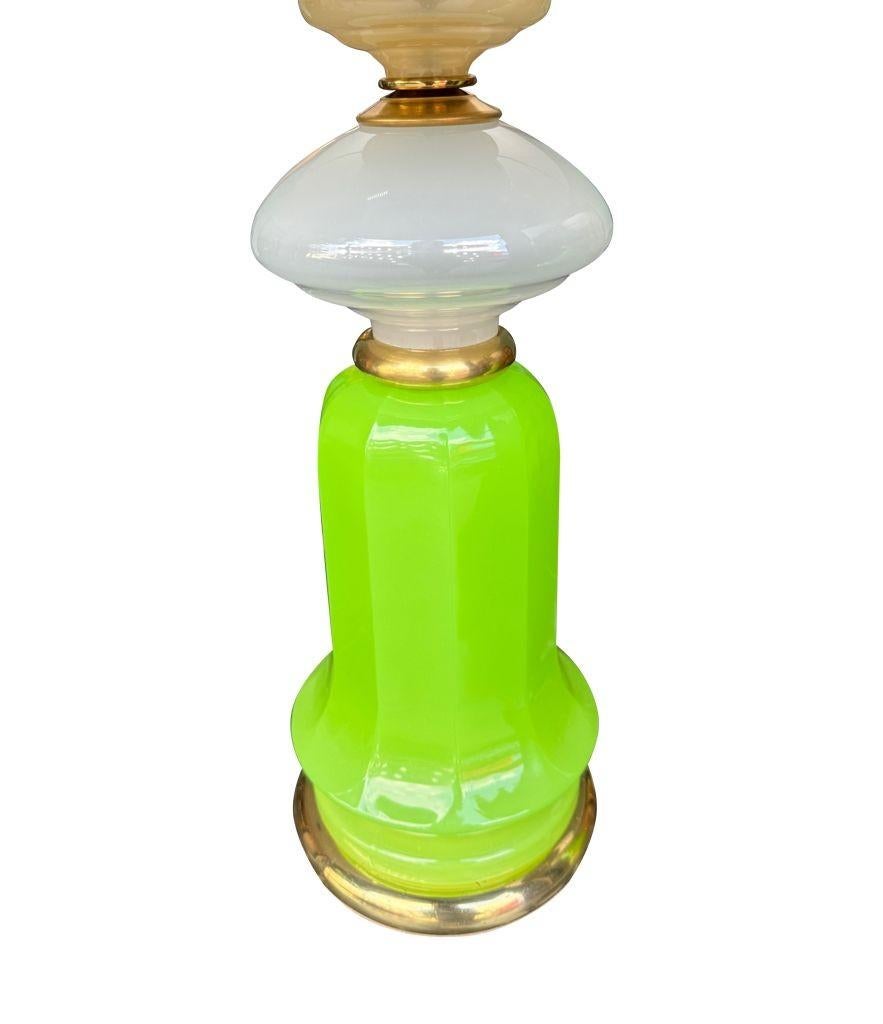 A pair of 1960s opaline, lime green Murano glass lamps by Gino Cenedese For Sale 5