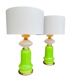 A pair of 1960s opaline, lime green Murano glass lamps by Gino Cenedese
