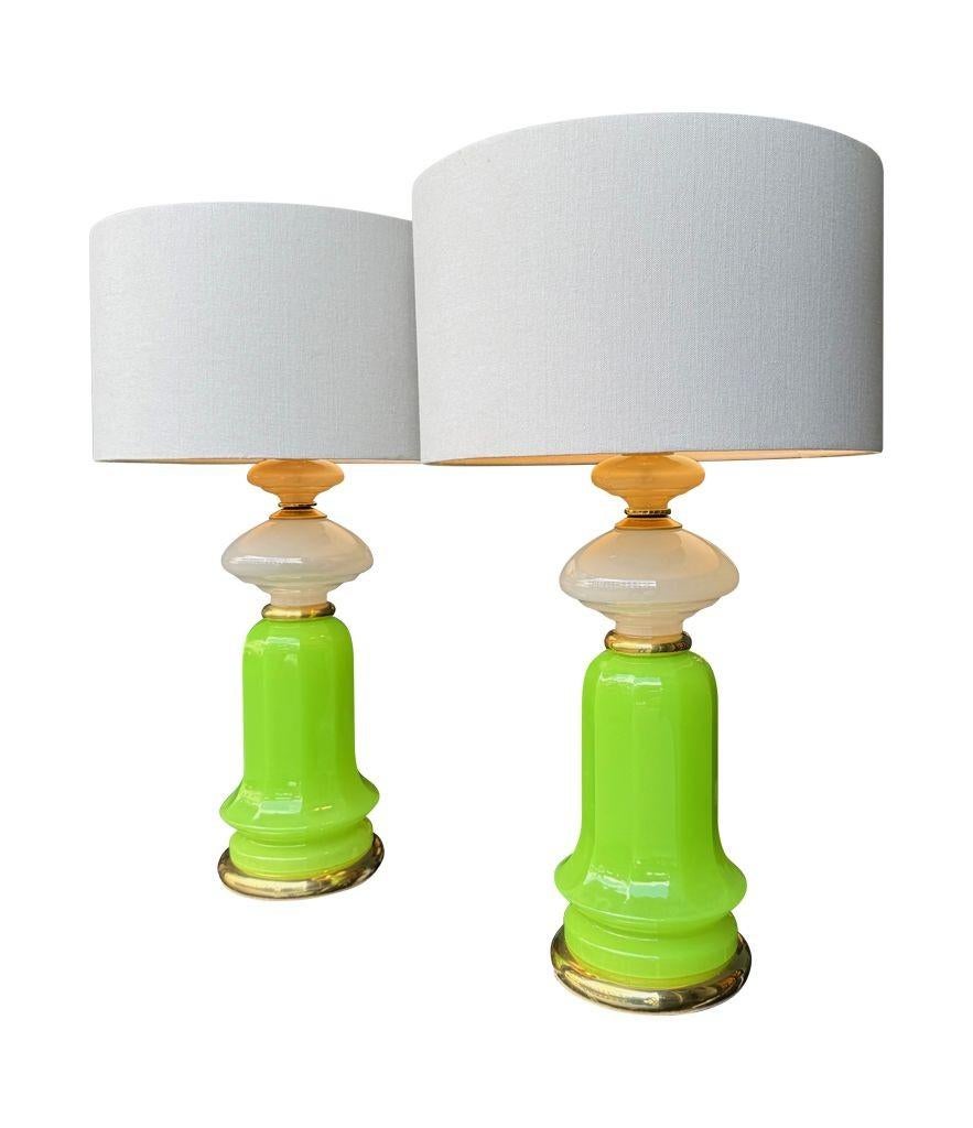 Mid-Century Modern A pair of 1960s opaline, lime green Murano glass lamps by Gino Cenedese For Sale