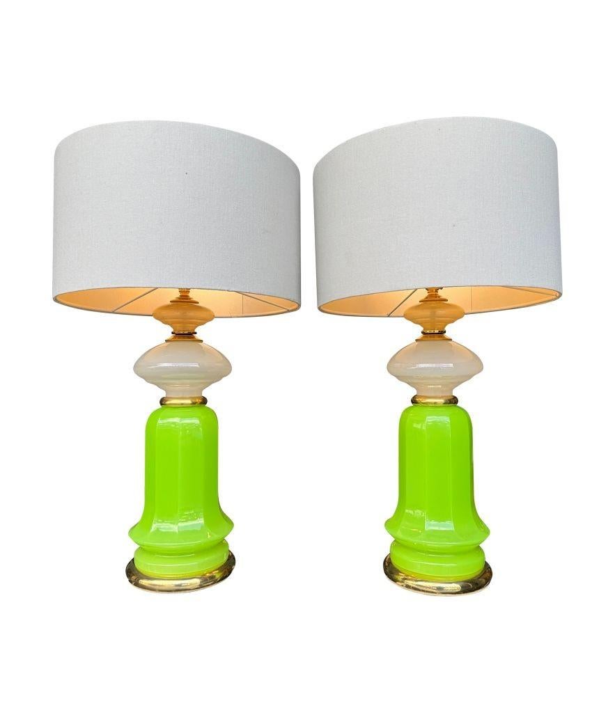 Italian A pair of 1960s opaline, lime green Murano glass lamps by Gino Cenedese For Sale