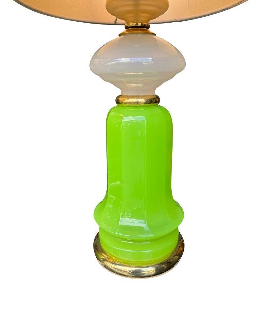 Brass A pair of 1960s opaline, lime green Murano glass lamps by Gino Cenedese For Sale
