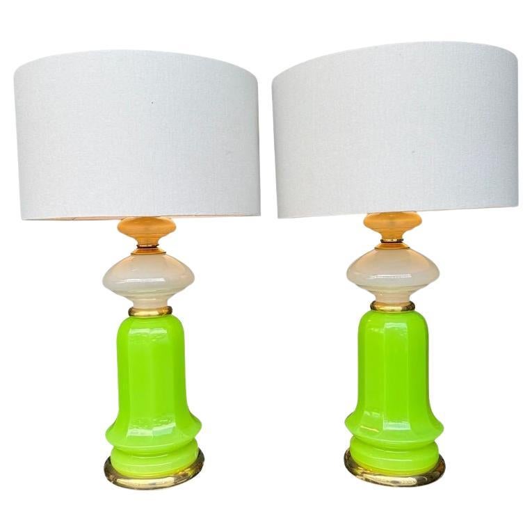 A pair of 1960s opaline, lime green Murano glass lamps by Gino Cenedese For Sale
