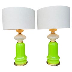 A pair of 1960s opaline, lime green Murano glass lamps by Gino Cenedese