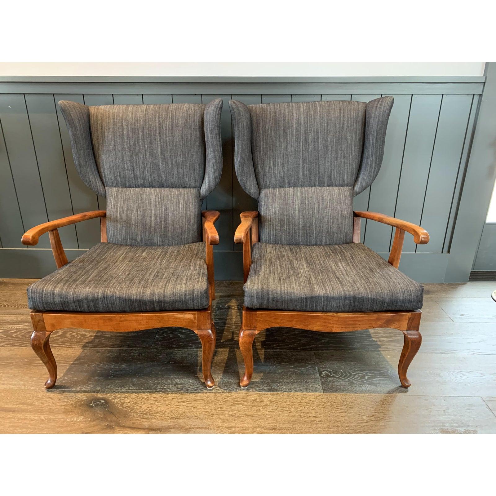 Pair of 1960s Paolo Buffa Walnut and Denim Wingback Chairs For Sale 1