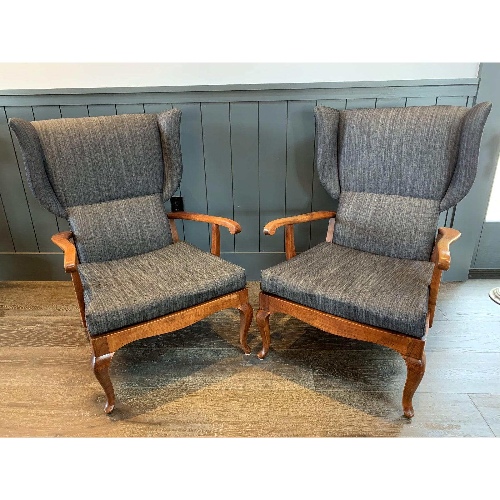Pair of 1960s Paolo Buffa Walnut and Denim Wingback Chairs For Sale 2