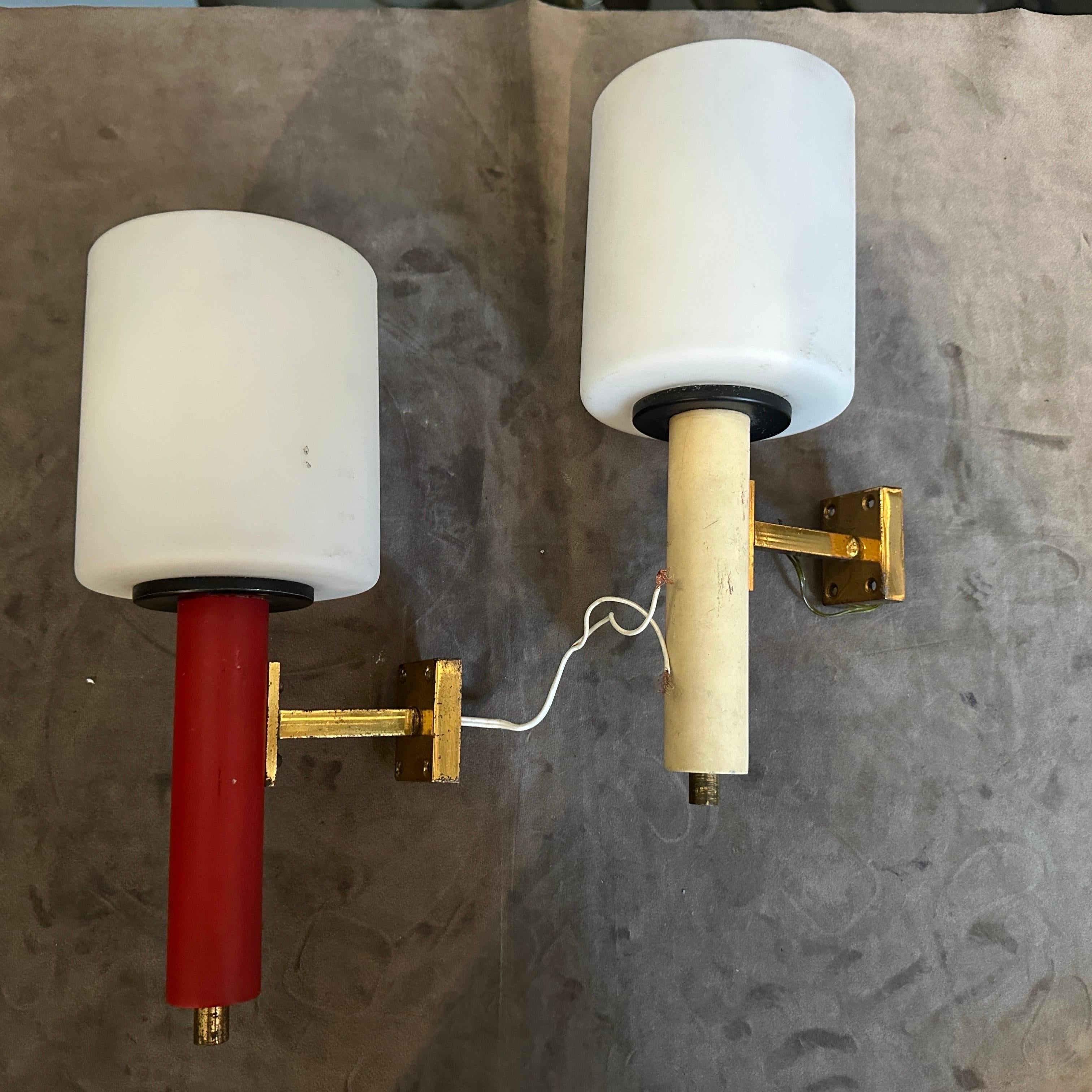 Aluminum A pair of 1960s Stilnovo Style Mid-Century Modern Brass Italian Wall Sconces For Sale