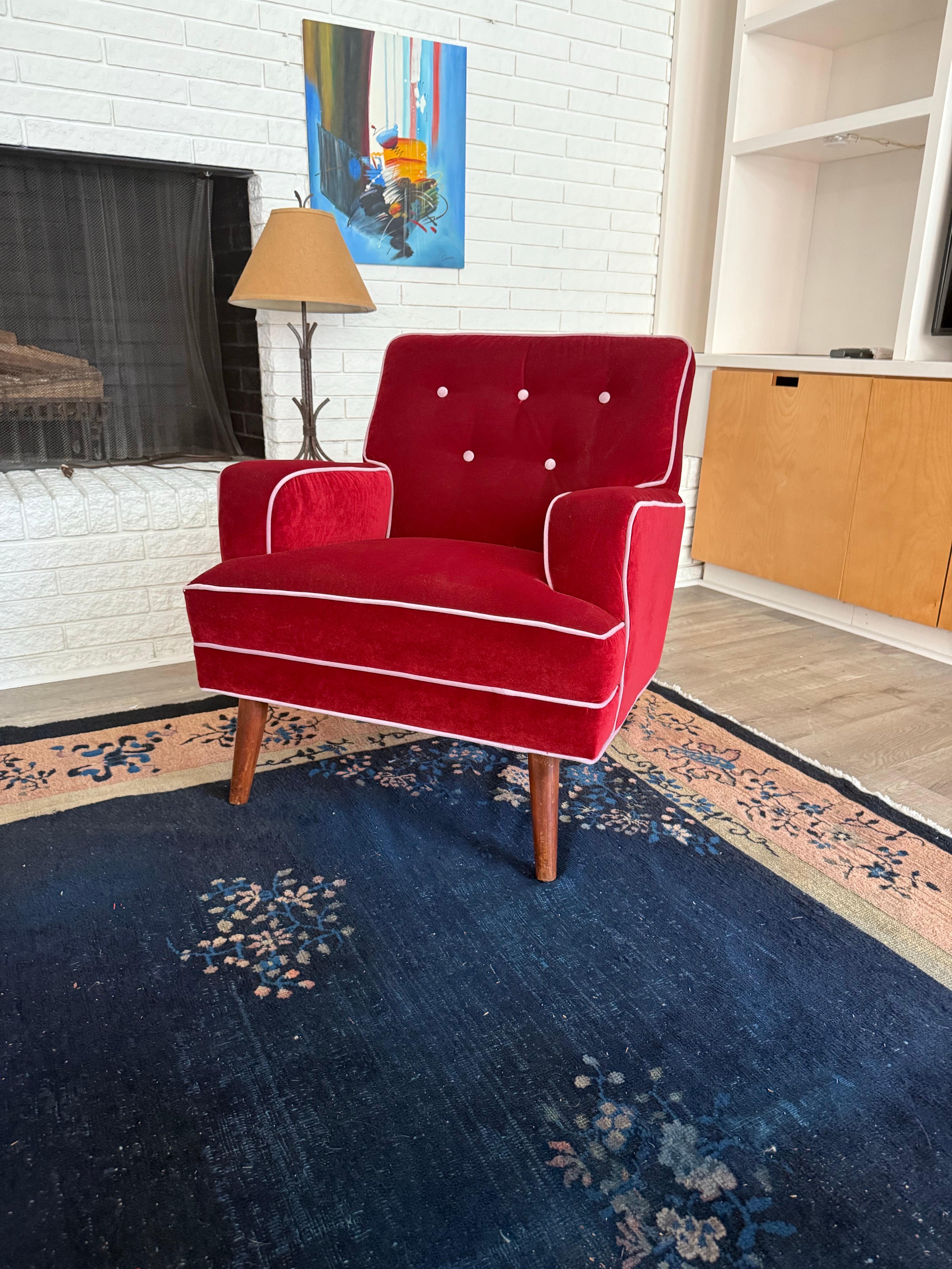Scandinavian Modern A pair of 1960s Swedish Modern Club Chairs in Merlot Velvet and Lavender For Sale