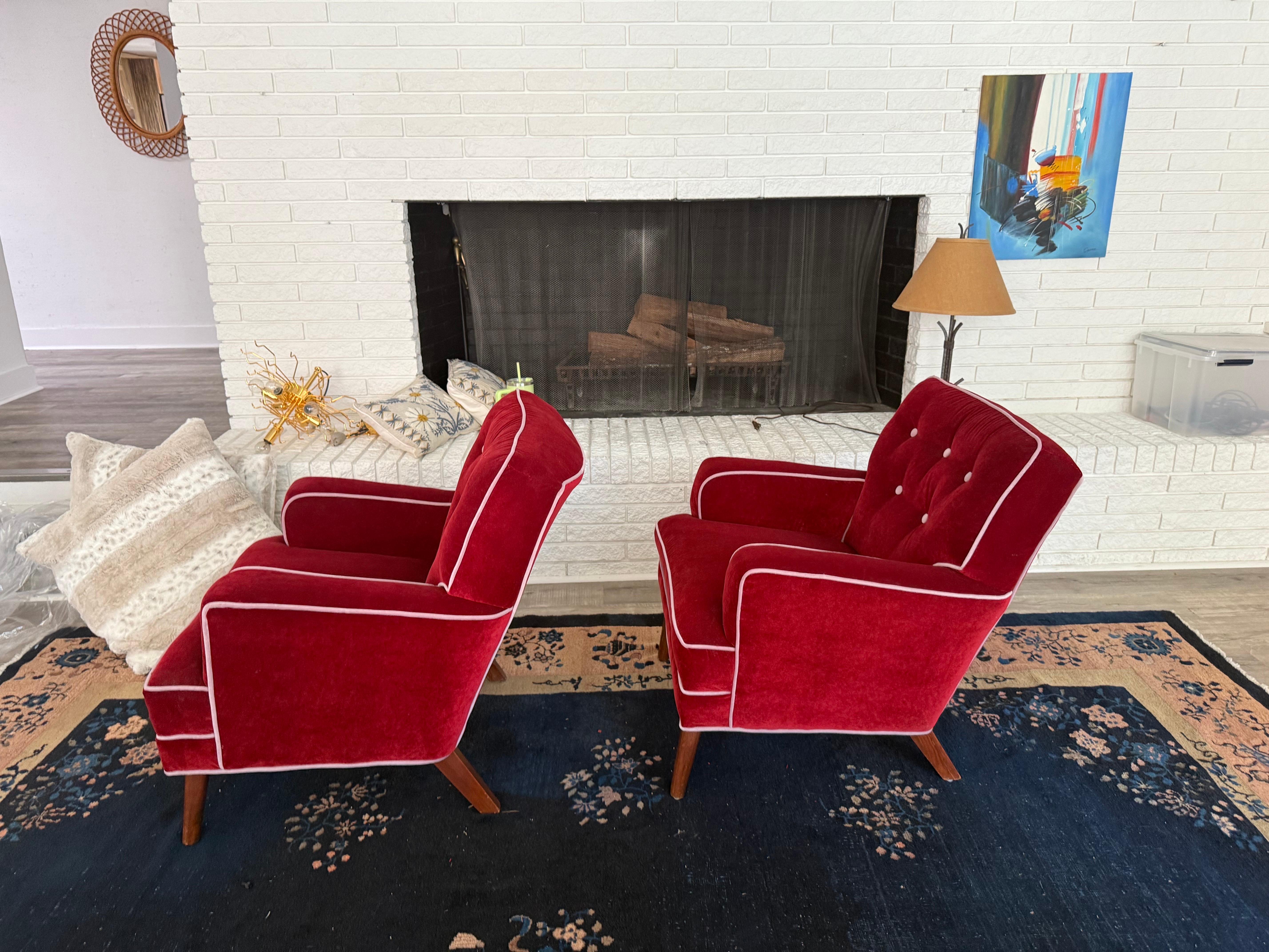 Cotton A pair of 1960s Swedish Modern Club Chairs in Merlot Velvet and Lavender For Sale