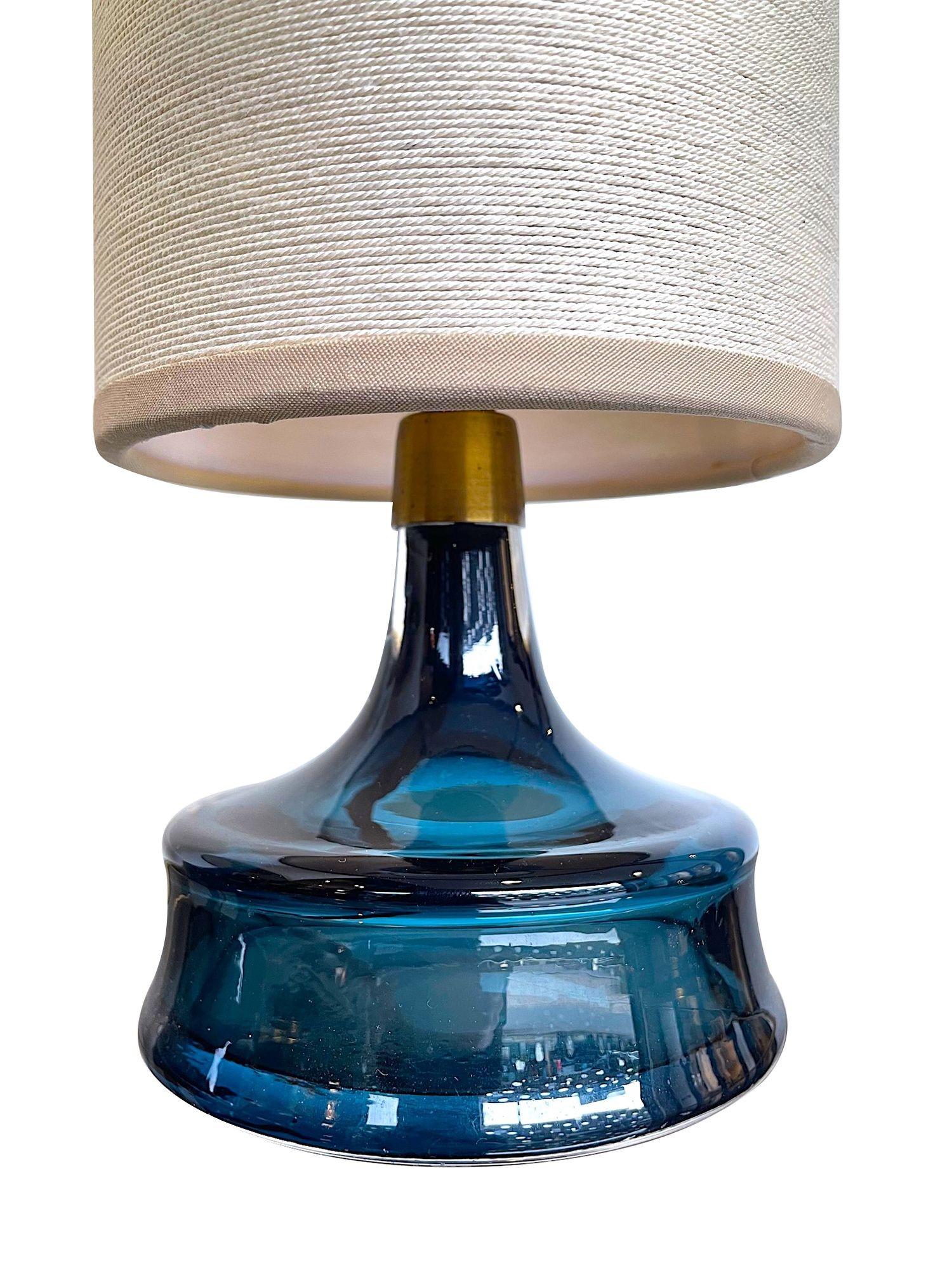 Pair of 1960s Swedish Orrefors Blue Glass Lamps with Brass Collars In Good Condition In London, GB