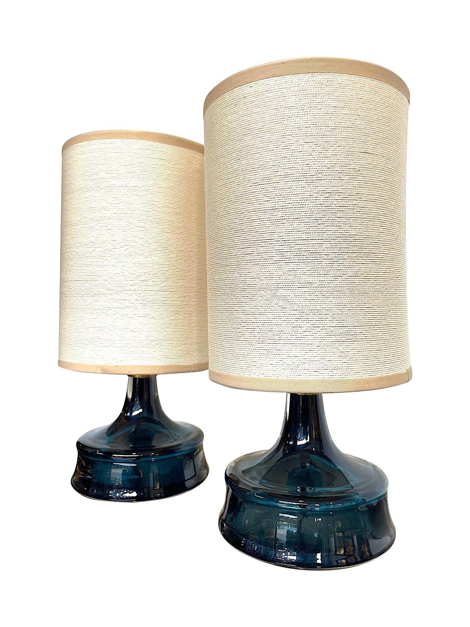Mid-20th Century Pair of 1960s Swedish Orrefors Blue Glass Lamps with Brass Collars