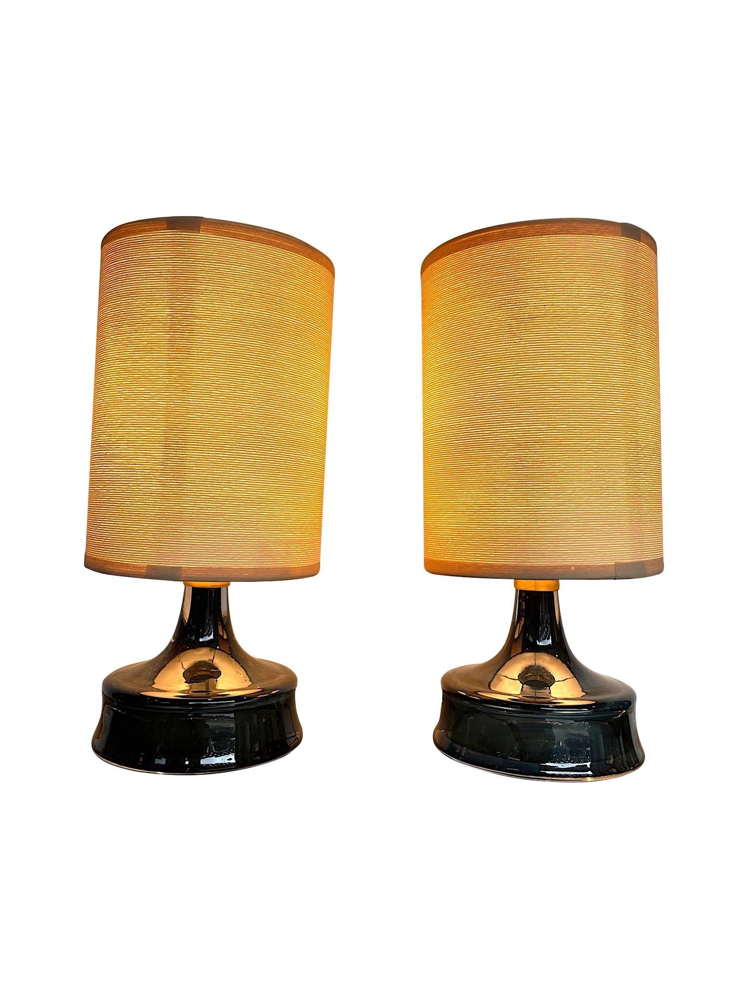 Pair of 1960s Swedish Orrefors Blue Glass Lamps with Brass Collars 1