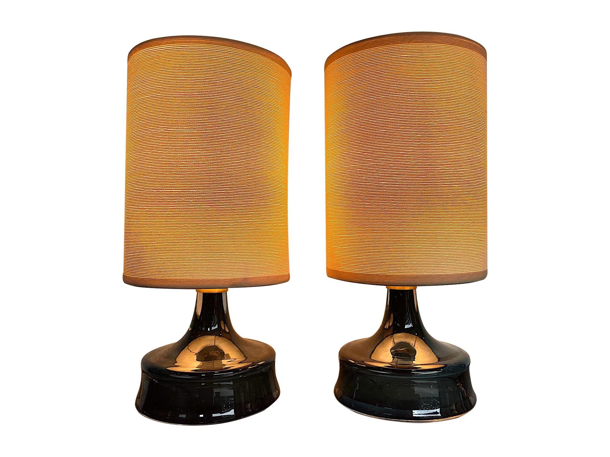 Pair of 1960s Swedish Orrefors Blue Glass Lamps with Brass Collars 2