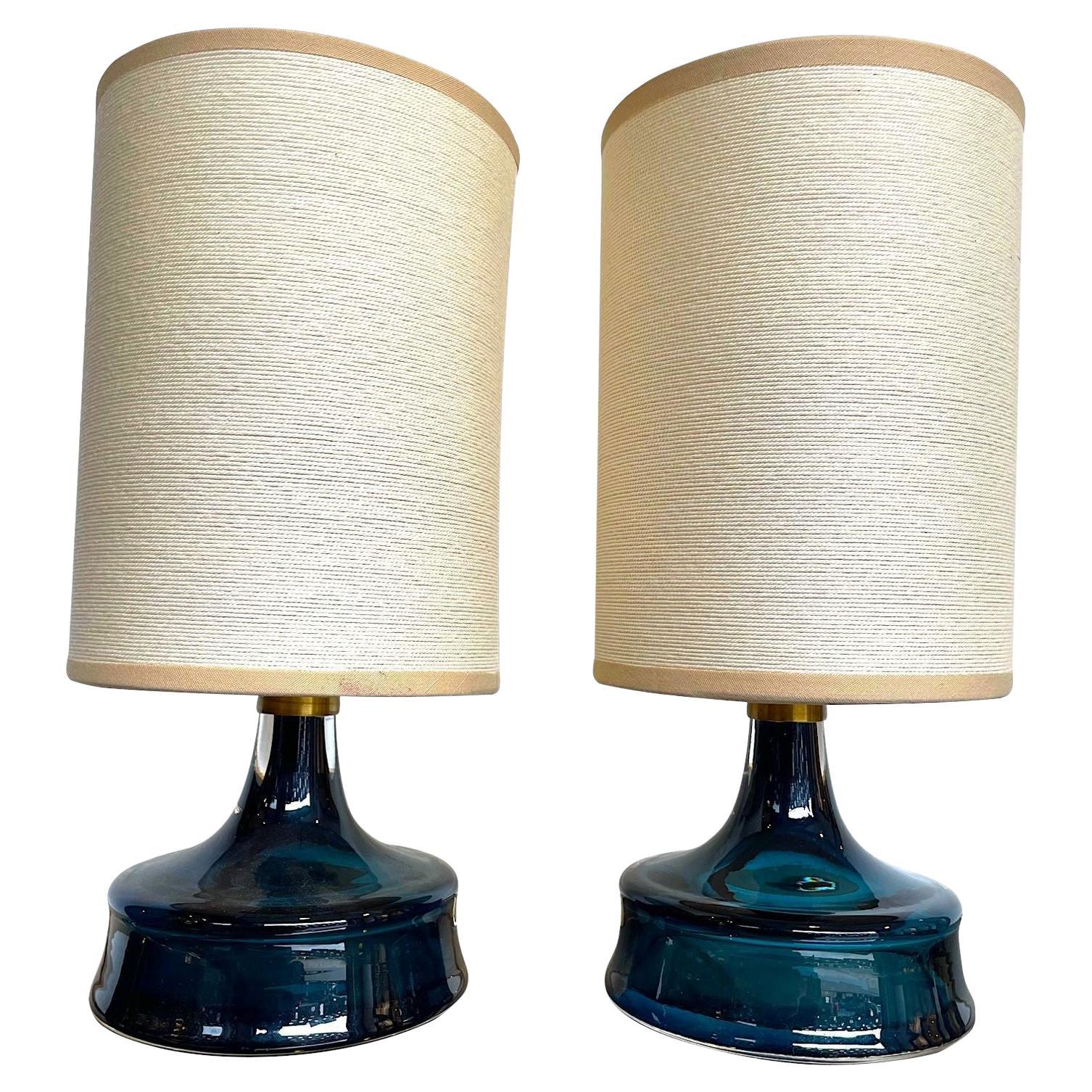 Pair of 1960s Swedish Orrefors Blue Glass Lamps with Brass Collars