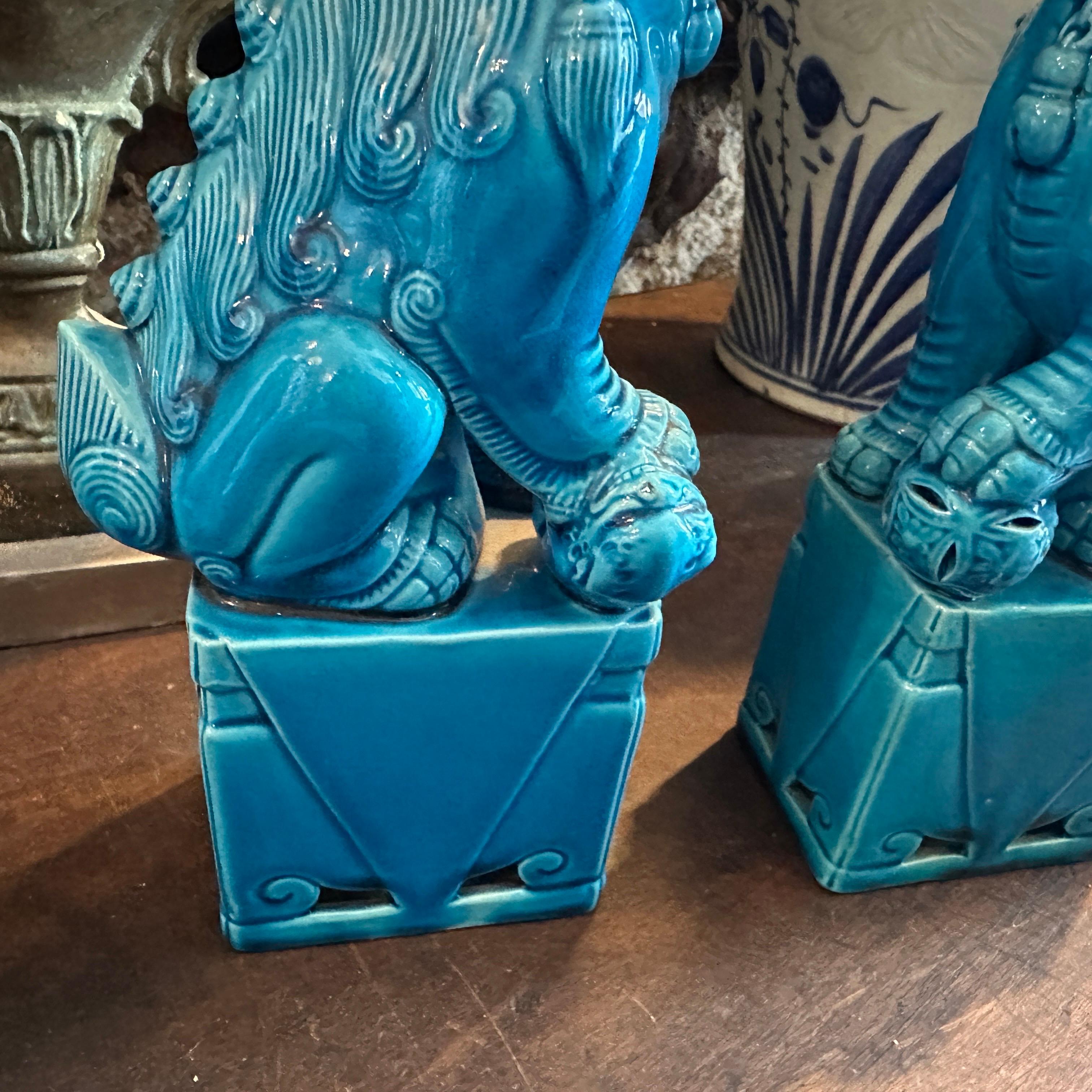 A pair of 1960s Turquoise Glazed Ceramic Chinese Pho Dogs For Sale 6